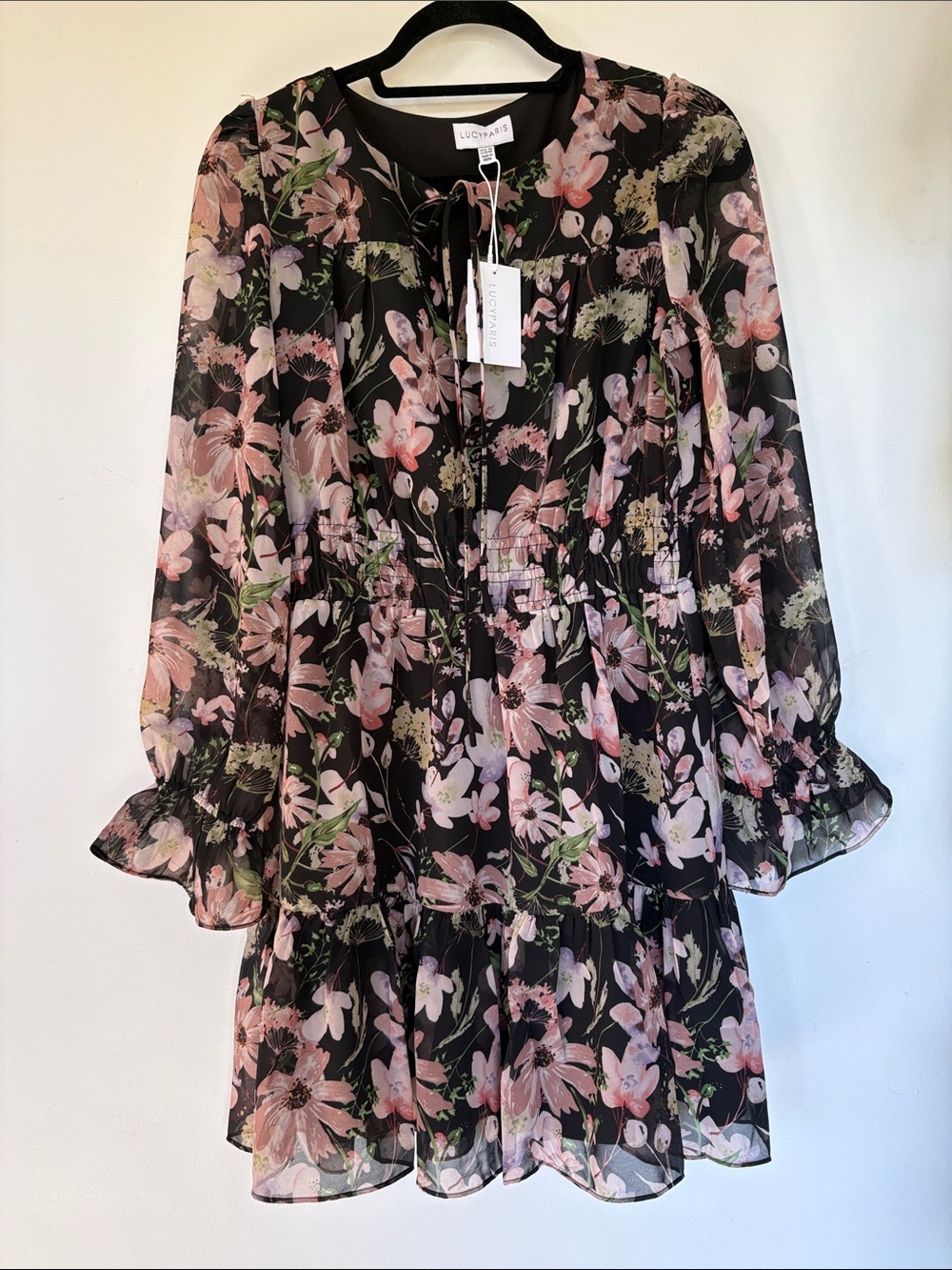 Lucy Paris Black Sheer Floral Long-Sleeve Ruffle Mini Dress